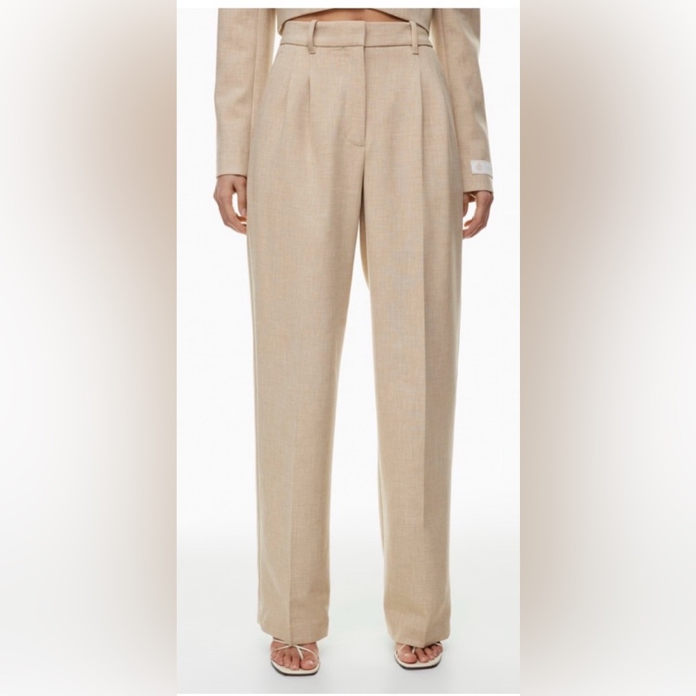 Aritzia Beige Pleated Straight-Leg Trousers